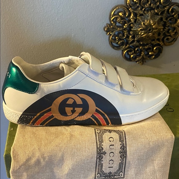 💚🤍❤️Gucci Ace Interlocking GG Leather 3 Strap  Flat Sneakers Shoes White size:10 - Picture 4 of 16